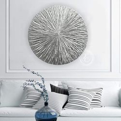 silver abstract wall art round original painting textured artwork on round canvas | silver leaf art modern wall decor