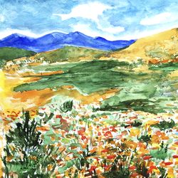 california poppy super bloom original watercolor painting original art 12 by 8