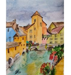 cityscape  france original painting old houses art river channel artwork watercolor home decor