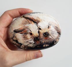 rabbits hand-painted rocks animal painted stone for garden rabbit original rock painting