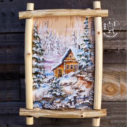 countryside landscape in winter, birch bark painting