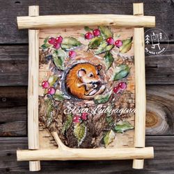dormouse in its cozy nest, cute birch bark painting