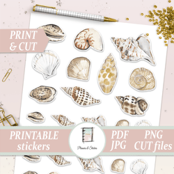 sea sticker sheet, shells planner decorating printable, conch die cuts, travel bullet journal, vintage scrapbook