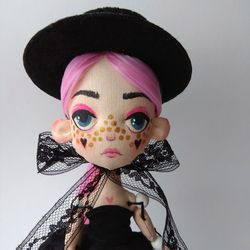 tattoo doll doll with pink hair textile doll with tattoos ooak textile interior doll doll with tattoos on the face