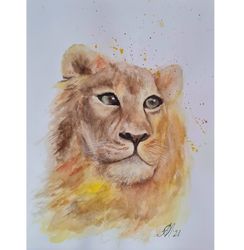 lioness original painting animals africa artwork portrait  animals watercolor art home decor