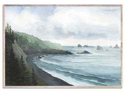 moody coastal art print pines beach watercolor painting la push beach wall art olympic national park large seascape art