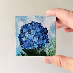 blue hydrangea painting on mini canvas very small wall art