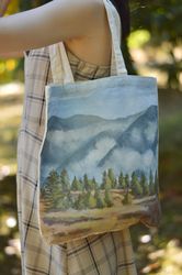 shopping bag, hand painted bag, handmade bag, cotton shopper,  landscape mountain, mountain painting, mountain art