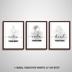 relax calm heal prints - relaxation gift - massage quotes - typography poster - bathroom decor - massage therapy - 3 set