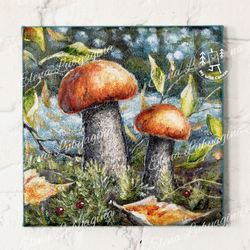 aspen mushrooms, small painting on canvas