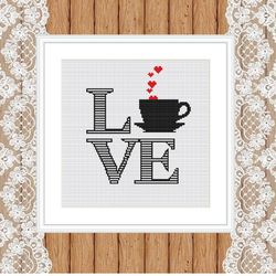 coffee lover cross stitch pattern,  easy cross stitch chart, coffee cross stitch, embroidery, heart xstitch, love xstitc