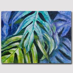 Original handmade acrylic painting Monster green leaves Floral Wall Art Living room Wall Decor