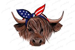 highland cow with usa flag bandana highland cow sublimation cow bandana png 4th july heifer usa bandana instant download