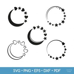 5 circle frames with hearts and stars svg bundle - half moon with hearts svg