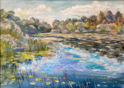 painting "the river going into the fores", landscape painting with acrylic on canvas, beautiful views of nature.