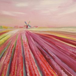 dutch landscape with tulips. mill on the background of a field with stripes of red, yellow, pink flowers. 10x8 inches