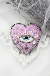 evil eye pin | pink  witch heart brooch |sacred heart pin| embroidery beaded heart pin| magic heart brooch |witchcraft