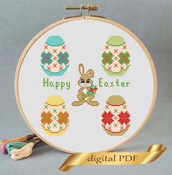 easter sampler pattern pdf cross stitch, easy embroidery diy, small pattern egg and rabbit