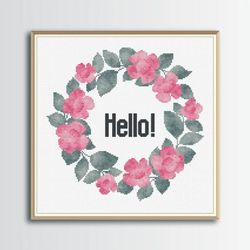 " hello " cross stitch pattern, flower wreath cross stitch, digital pdf