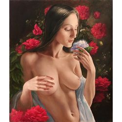 original oil on canvas painting naked woman with flowers flora 19,7x27,5in