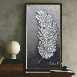 silver feather wall art abstract painting textured original artwork | silver wall decor silver and gray modern wall art