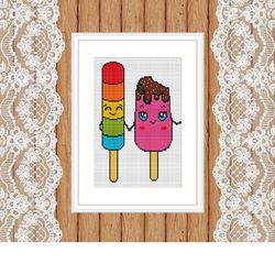 ice cream cross stitch pattern,  easy cross stitch chart, valentine's day, cross stitch, embroidery, heart xstitch, love