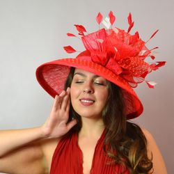 red derby hat, wide brim sinamay hat, royal ascot hat, polka dot hat