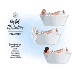 girl in the bathroom clipart, self care illustrations, stay home fashion clip art, day off scene png, planner stickers