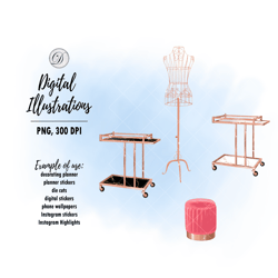 pouf clipart, coffee table on wheels illustrations, vintage mannequin png, fashion clip art, cozy home digital files