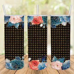 rose gold glitter navy floral tumbler png, flower tumbler design, 20 oz skinny tumbler wrap, blue floral tumbler