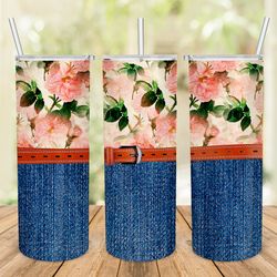 denim and roses tumbler, shabby chic tumbler, gift for her, 20oz skinny tumbler, birthday gift, pink flowers sublimated