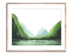 mountain lake wall art large minimalist landscape art print milford sound abstract watercolor painting green mountains