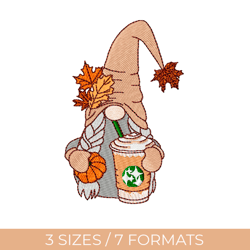 fall gnome, embroidery design, coffee embroidery, gnome embroidery, autumn embroidery, machine embroidery file