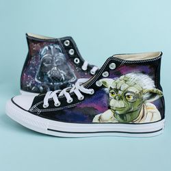 star wars sneakers , star wars inspired converse - darth vader, yoda, stormtroopers and death star, custom painted shoes