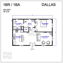 dallas 1br/1ba 864sqft floor plan 36'x24'