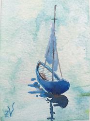sailboat watercolor painting seascape original art nature artwork 2,5" by 3,5" by zina vysota