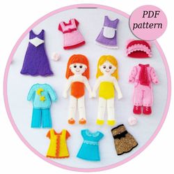 sewing pattern felt dolls, pdf felt pattern, flat non paper doll, quiet book pattern pdf