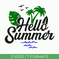 hello summer, embroidery file, pes embroidery designs, palm embroidery, floral embroidery, gnome embroidery