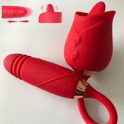 2 in 1 tongue licking clitoris rose vibrator,versatility vagina g-spot dildo thrusting sex toys for women