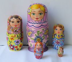 floral multicolor matryoshka russian dolls art modern - five wooden nesting dolls toy hand pianted