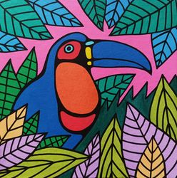 toucan painting folk art bird original art 8" x 8" by nikad tropical animal artwork small jungle rainforest painting wil