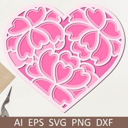 3d layered love shadow box with flowers, valentines day card, svg dxf files for papercut