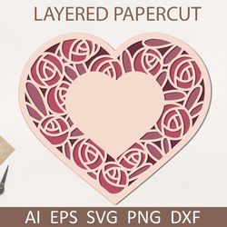 3d layered floral heart mandala, valentines day love card for cut, svg dxf files for cricut