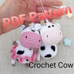 crochet cow pattern, crochet keychain, pdf pattern, easy amigurumi pattern for beginner, diy toy, cute car accessories