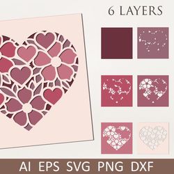 3d heart shadow box svg, layered papercut floral heart, valentines day card for cricut and silhouette