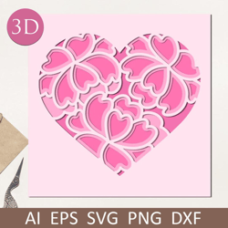 layered papercut shadow box with flower heart, 3d valentines day card for cricut, svg - dxf files