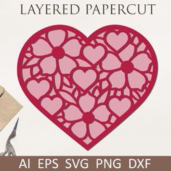 layered flower heart mandala, valentines day, mothers day card svg - dxf for cricut and silhouette