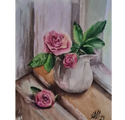 roses window original painting pink flowers watercolor floral artwork home decor art