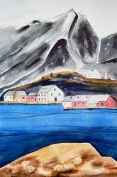 original watercolor drawing, norwegian village, 11 by 14 inches