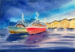 original watercolor drawing, sea port, 11 by 14 inches